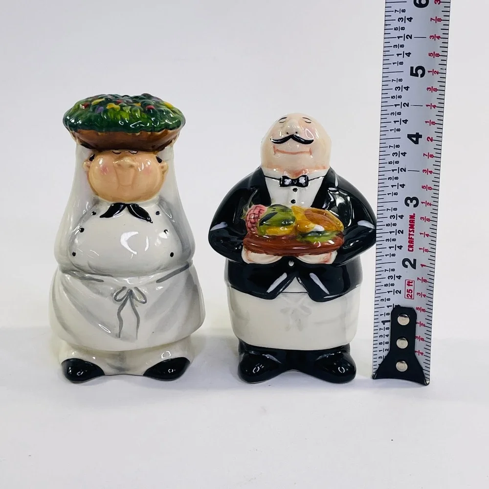 CIC Ceramic Chef and Waiter Salt and Pepper Shakers Set Whimsical Kitchen Decor - Picture 5 of 7